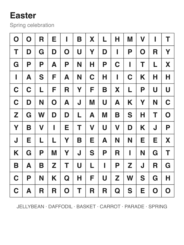 Easter word search puzzle, 13 by 13 grid