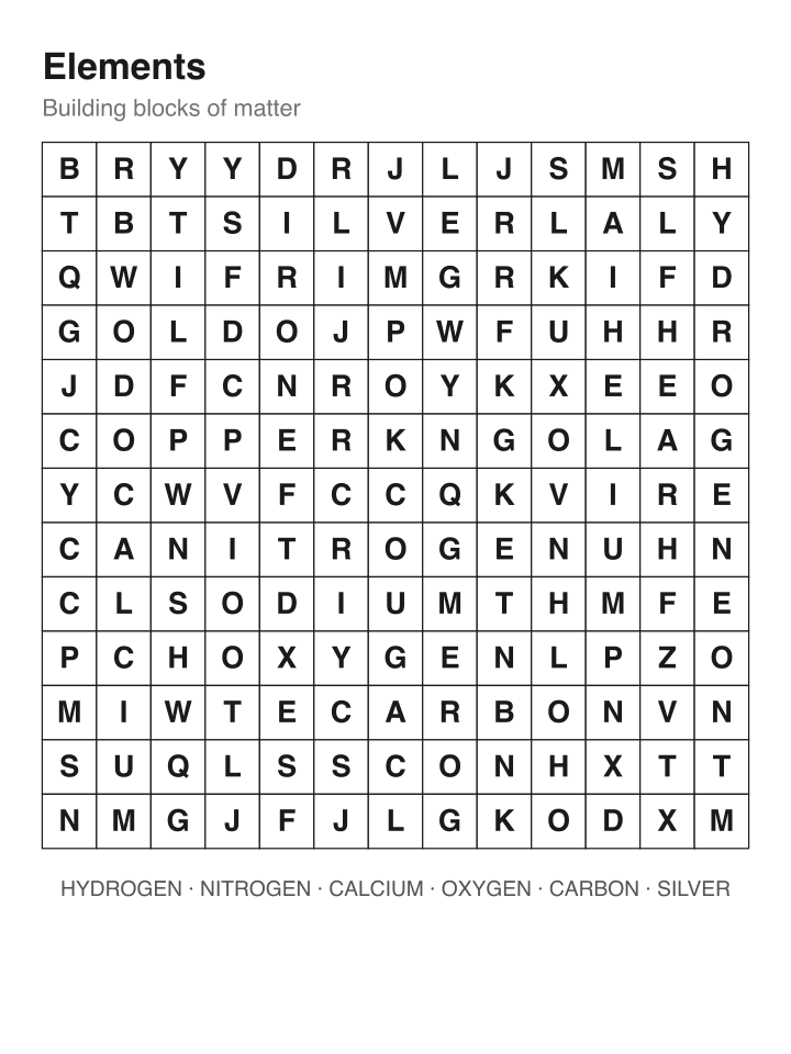Elements word search puzzle, 13 by 13 grid