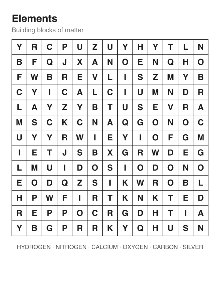 Elements word search puzzle, 13 by 13 grid
