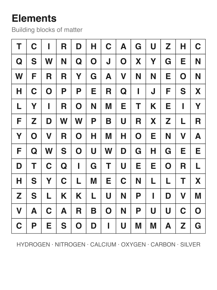 Elements word search puzzle, 13 by 13 grid