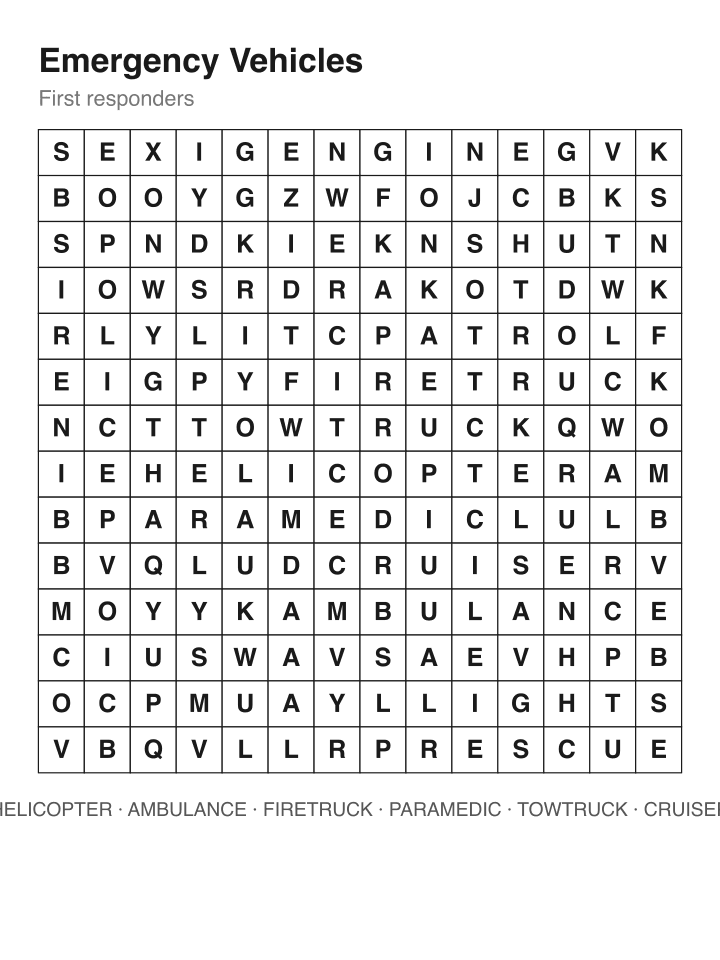 Emergency Vehicles word search puzzle, 14 by 14 grid
