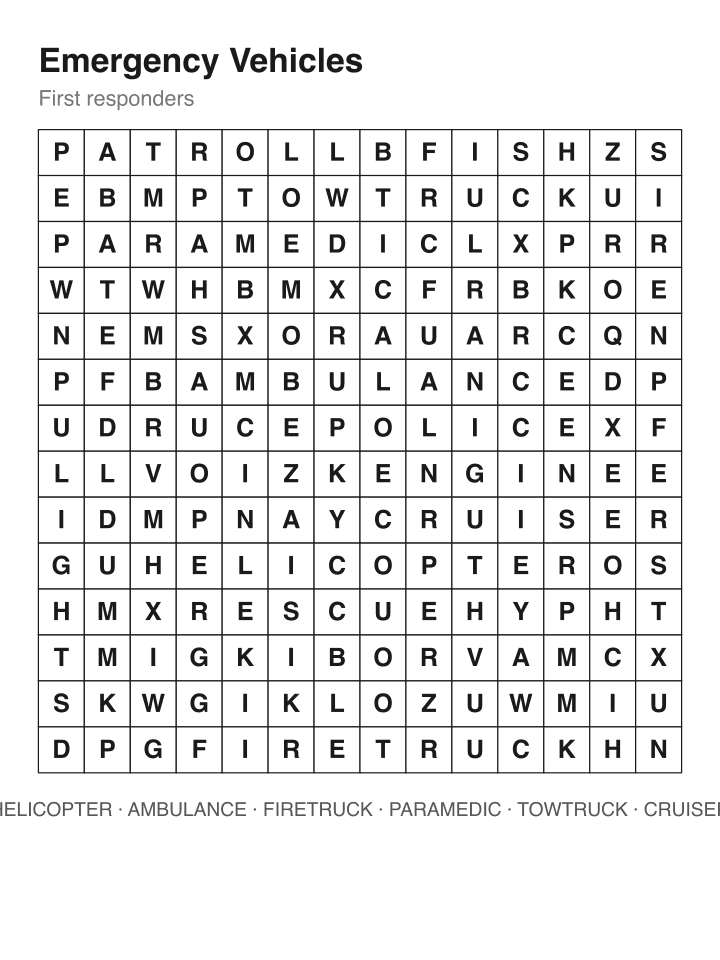 Emergency Vehicles word search puzzle, 14 by 14 grid