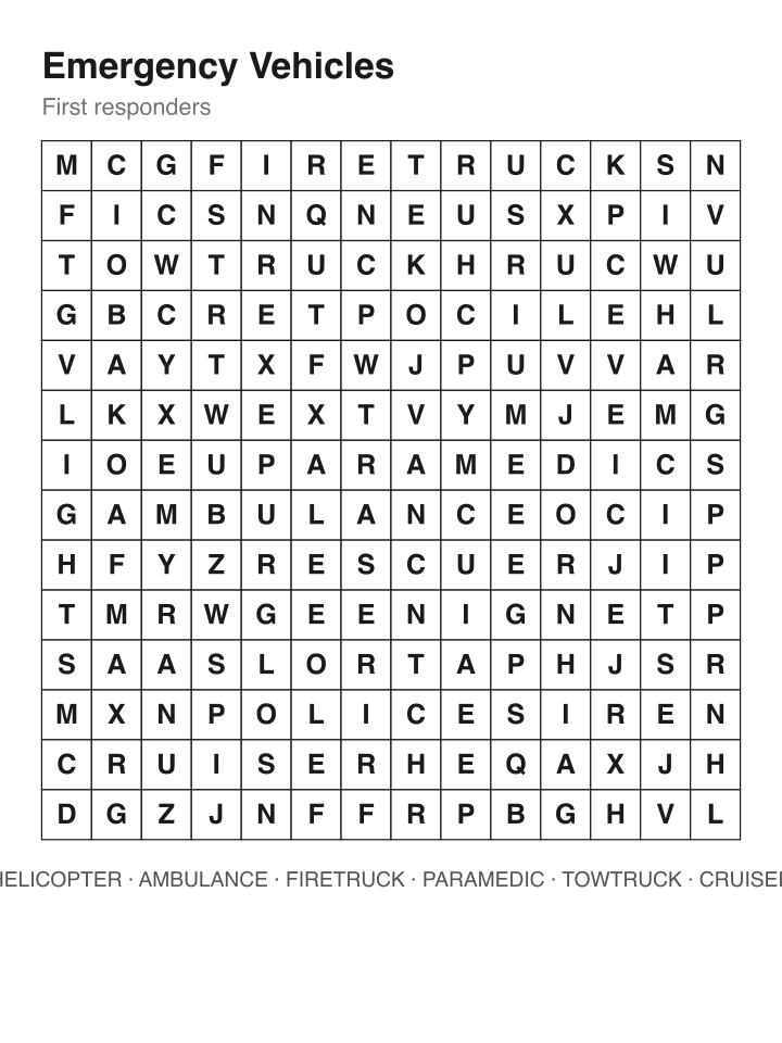 Emergency Vehicles word search puzzle, 14 by 14 grid