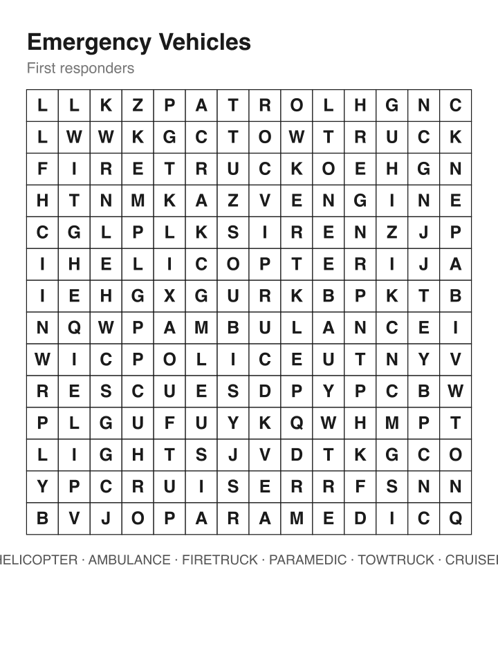 Emergency Vehicles word search puzzle, 14 by 14 grid