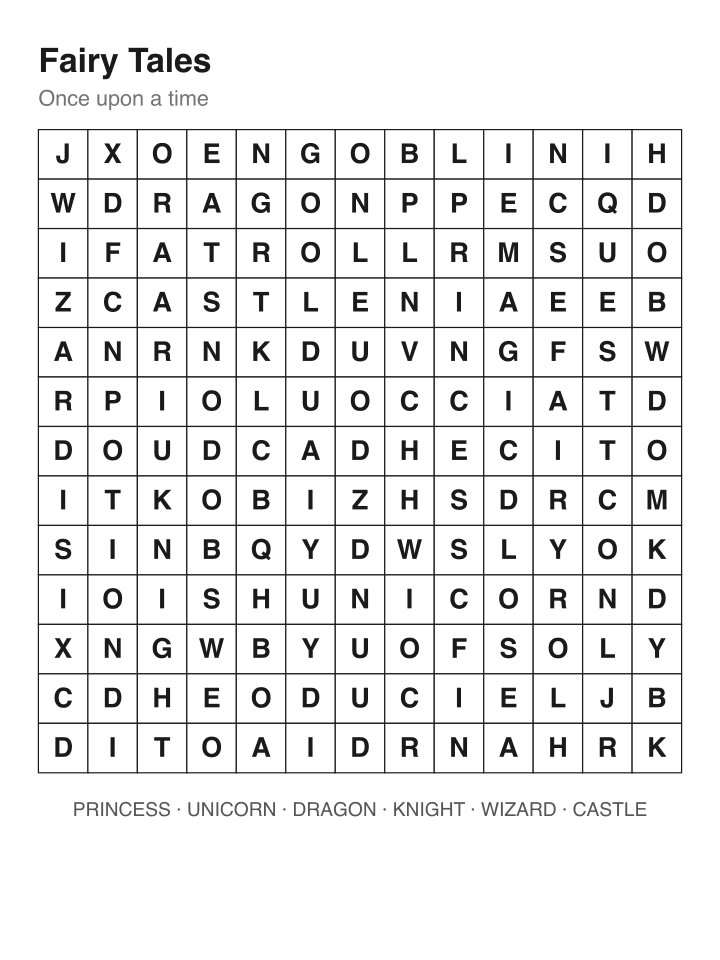 Fairy Tales word search puzzle, 13 by 13 grid