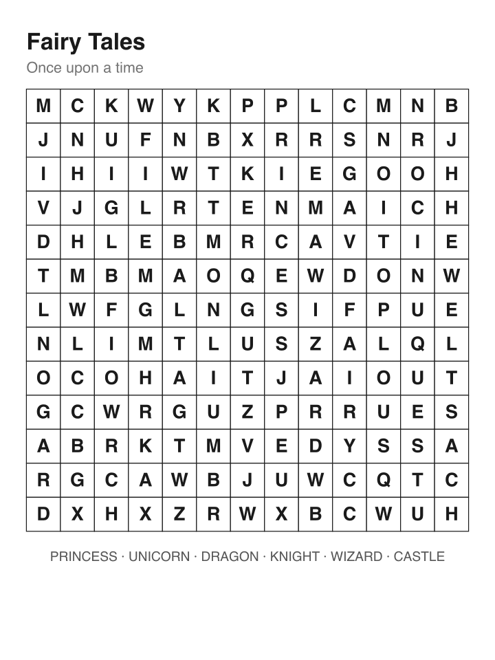 Fairy Tales word search puzzle, 13 by 13 grid
