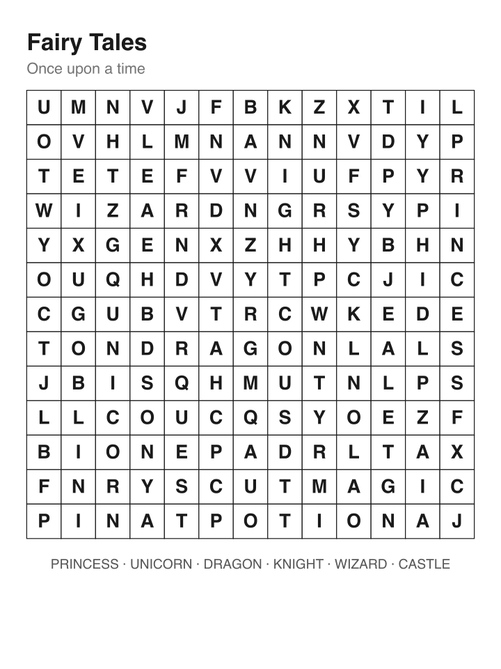 Fairy Tales word search puzzle, 13 by 13 grid