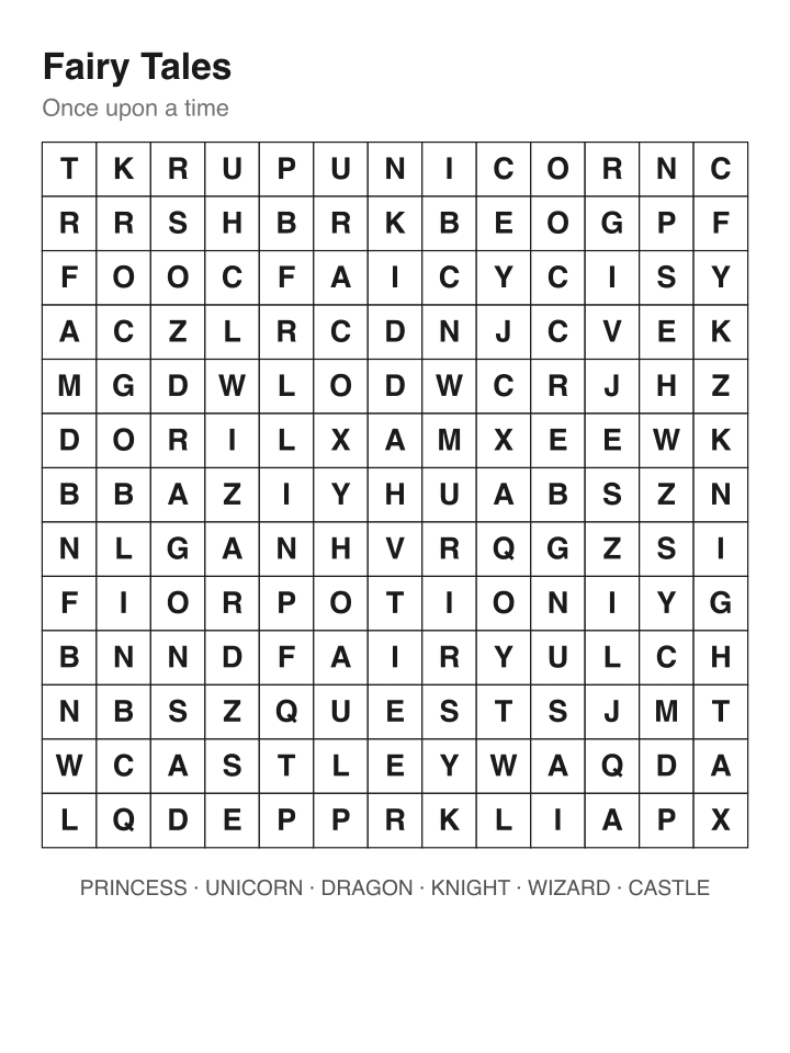 Fairy Tales word search puzzle, 13 by 13 grid