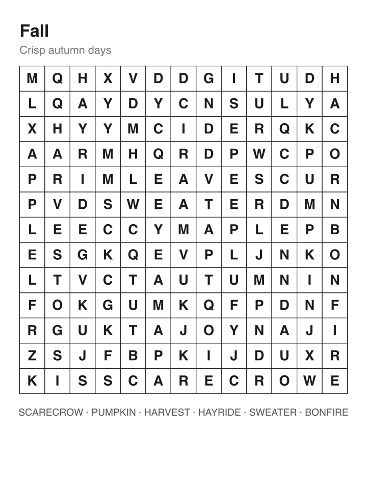 Fall word search puzzle, 13 by 13 grid