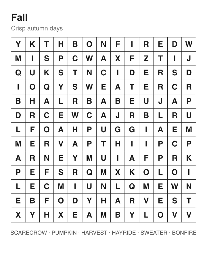 Fall word search puzzle, 13 by 13 grid