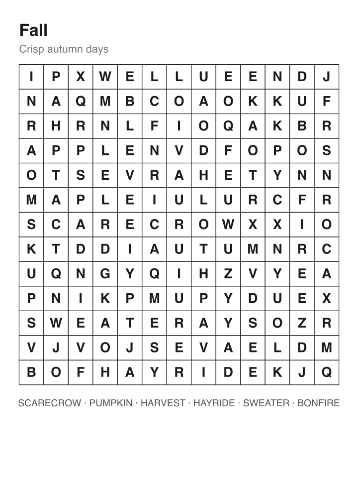Fall word search puzzle, 13 by 13 grid
