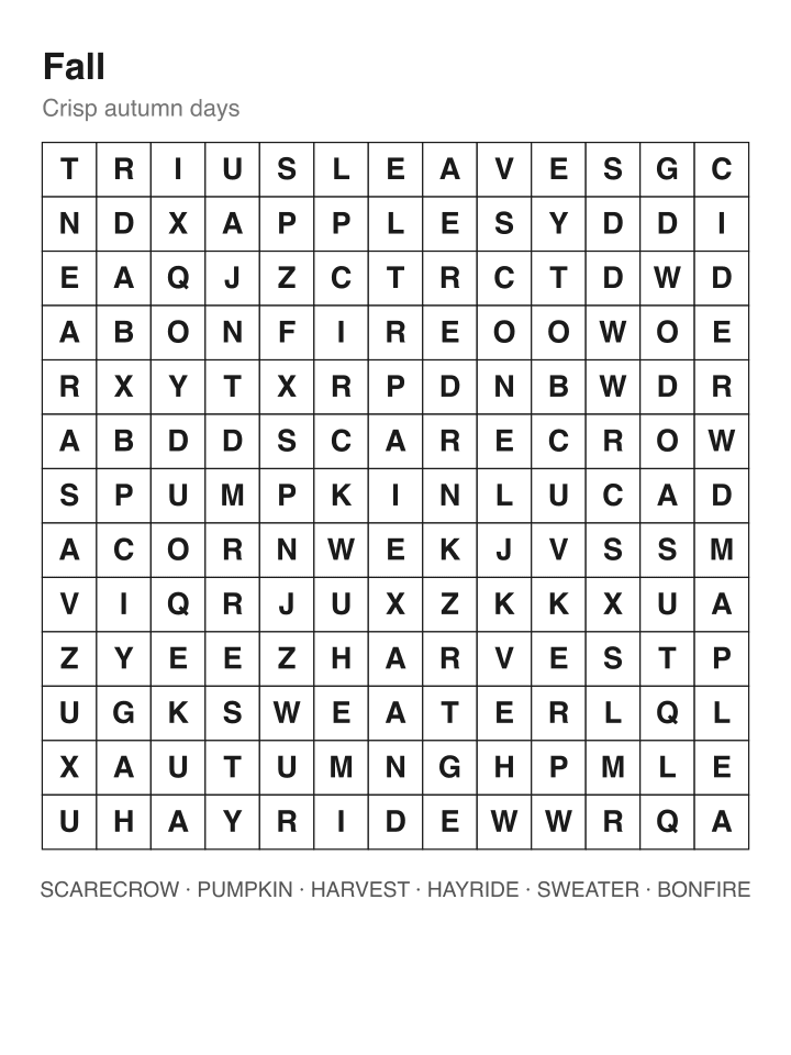 Fall word search puzzle, 13 by 13 grid