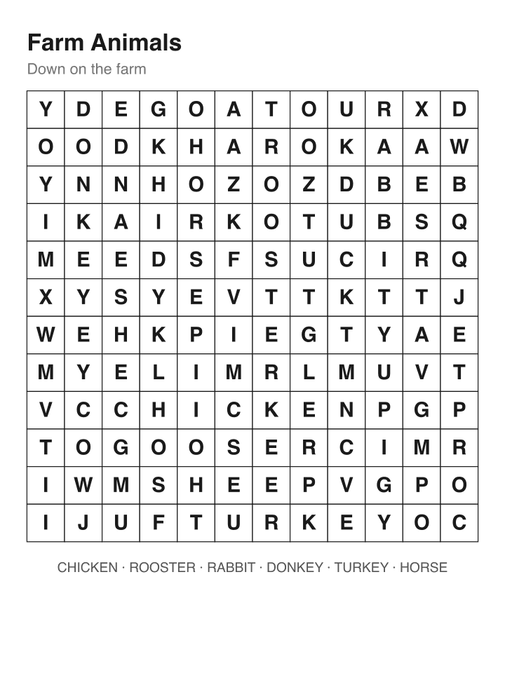 Farm Animals word search puzzle, 12 by 12 grid