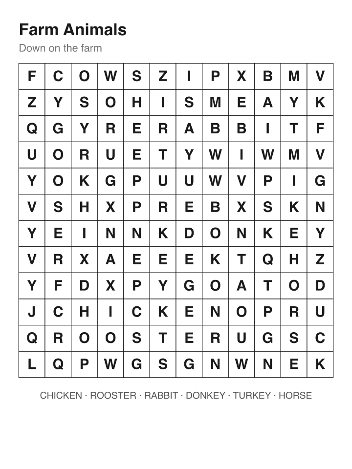 Farm Animals word search puzzle, 12 by 12 grid