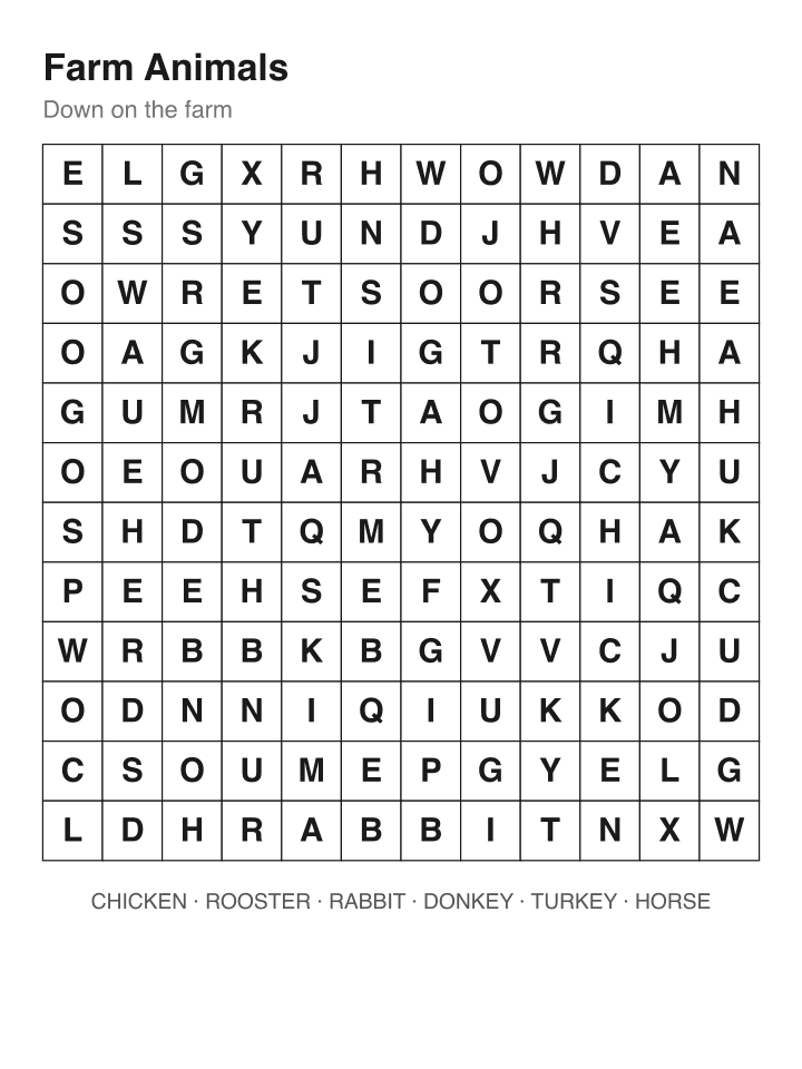 Farm Animals word search puzzle, 12 by 12 grid