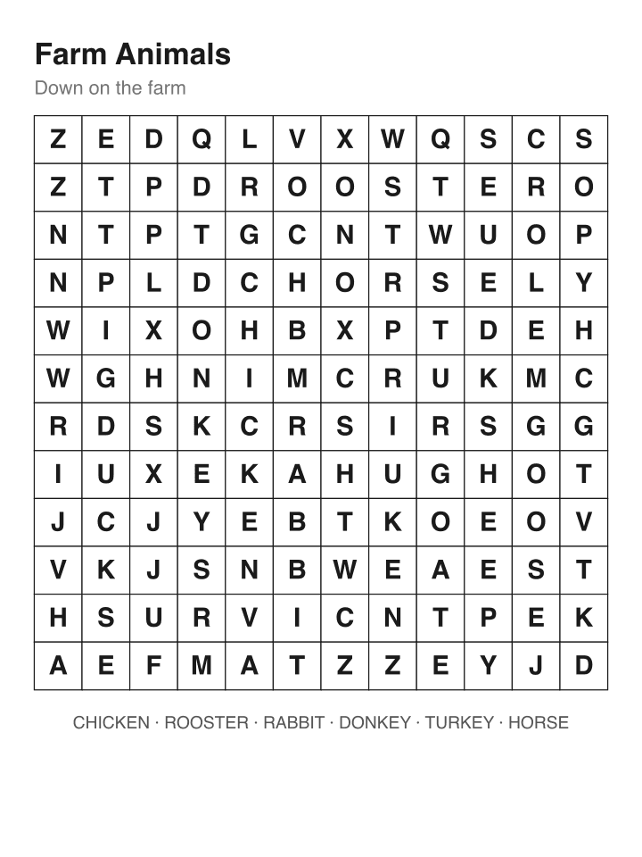 Farm Animals word search puzzle, 12 by 12 grid