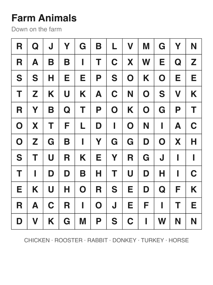 Farm Animals word search puzzle, 12 by 12 grid