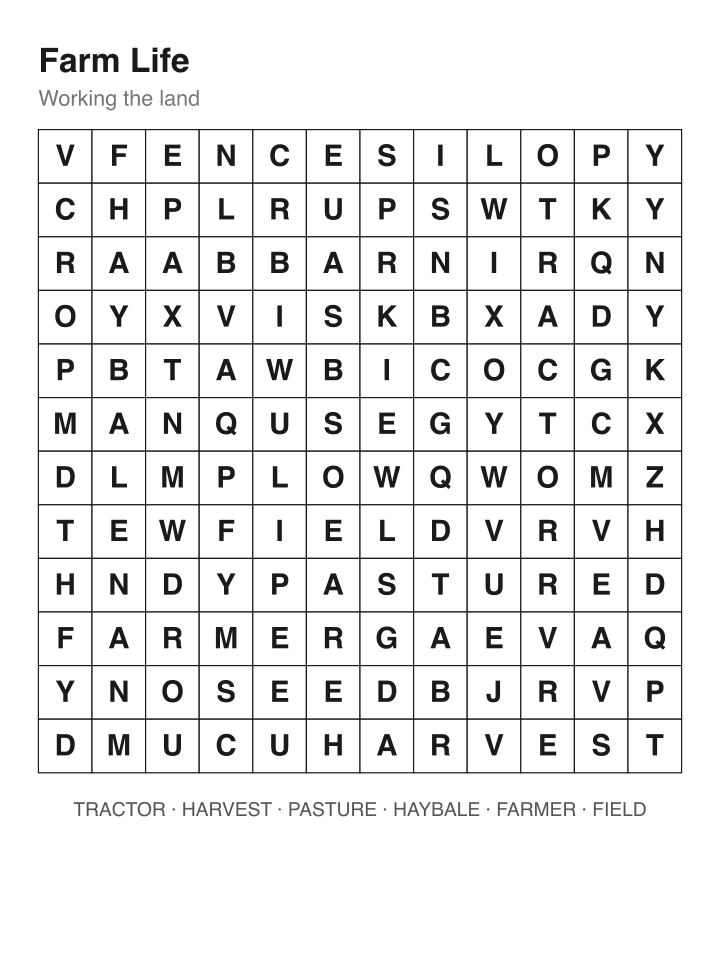 Farm Life word search puzzle, 12 by 12 grid