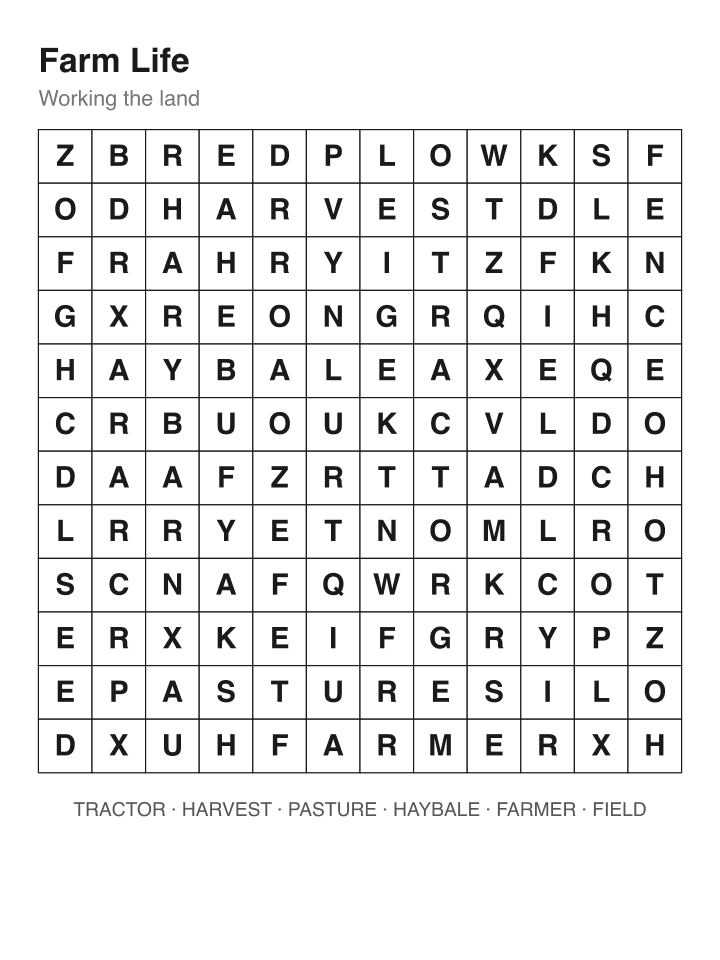 Farm Life word search puzzle, 12 by 12 grid