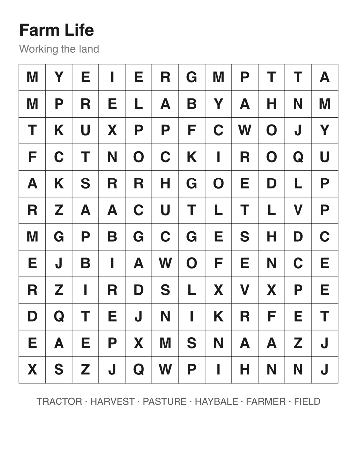 Farm Life word search puzzle, 12 by 12 grid