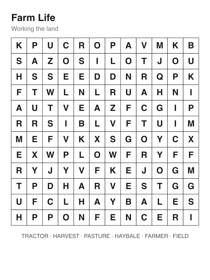 Farm Life word search puzzle, 12 by 12 grid