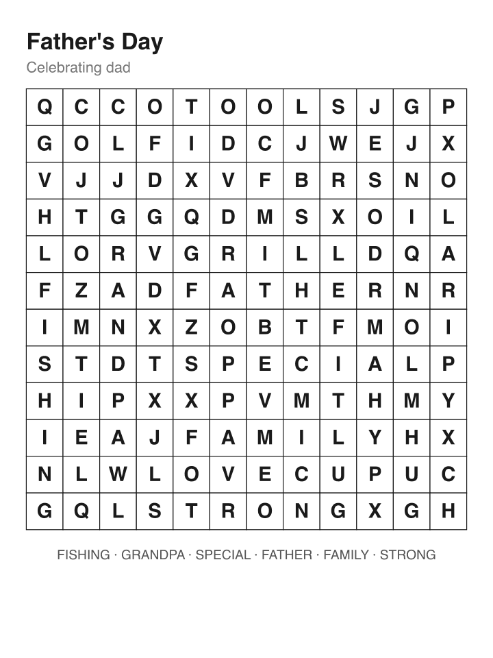 Father's Day word search puzzle, 12 by 12 grid