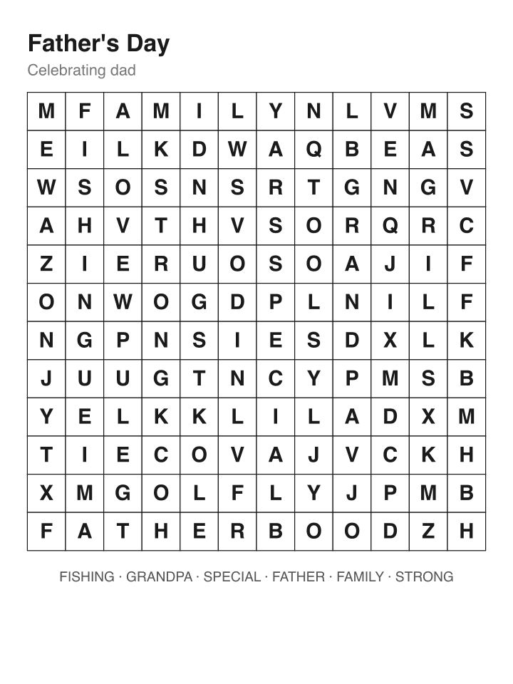 Father's Day word search puzzle, 12 by 12 grid