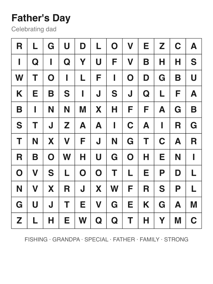 Father's Day word search puzzle, 12 by 12 grid