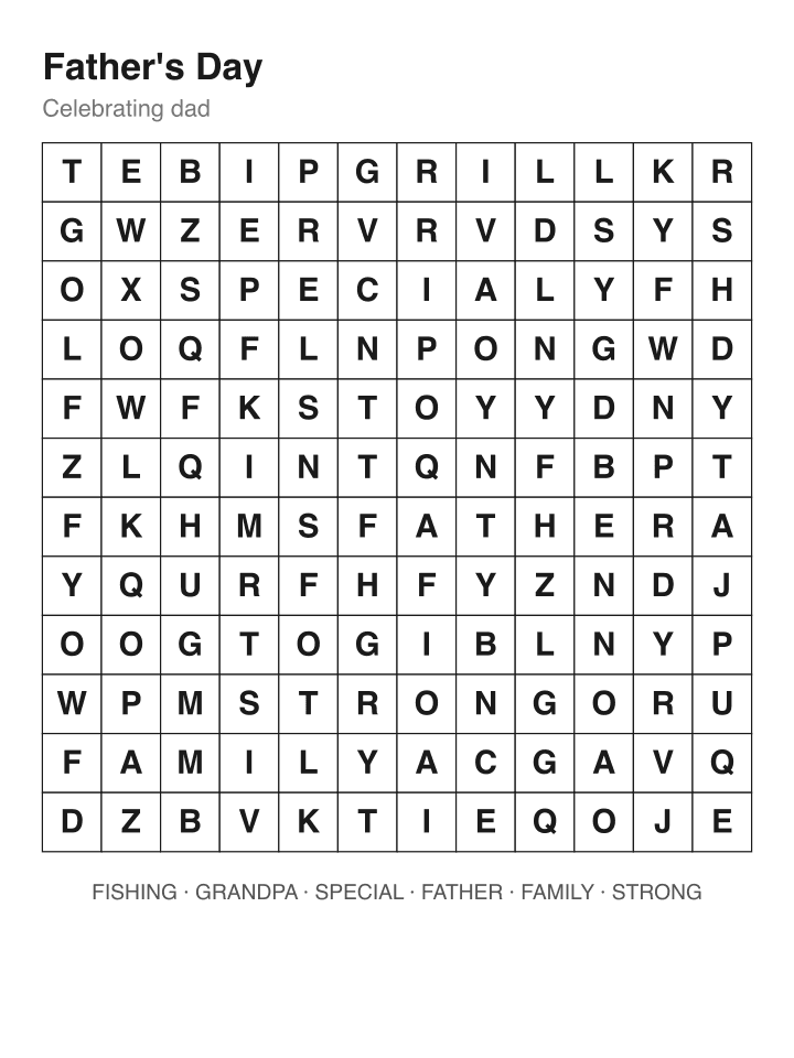 Father's Day word search puzzle, 12 by 12 grid