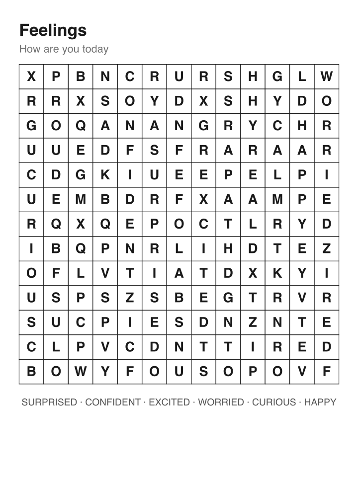Feelings word search puzzle, 13 by 13 grid