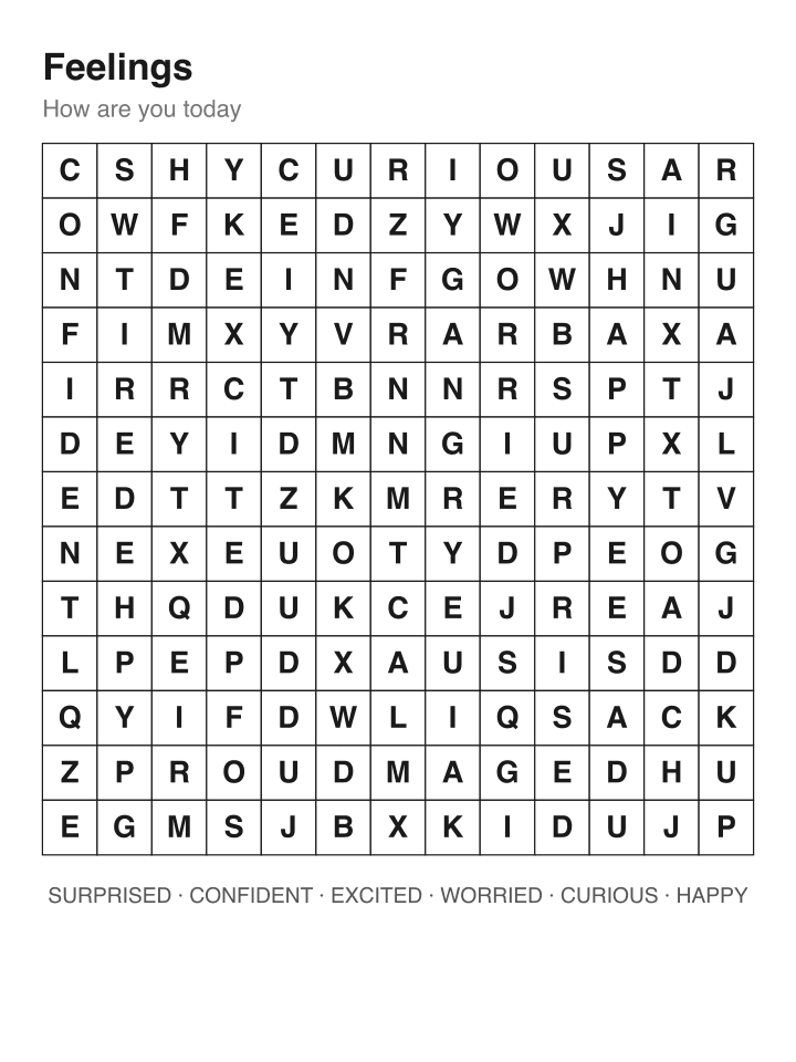 Feelings word search puzzle, 13 by 13 grid