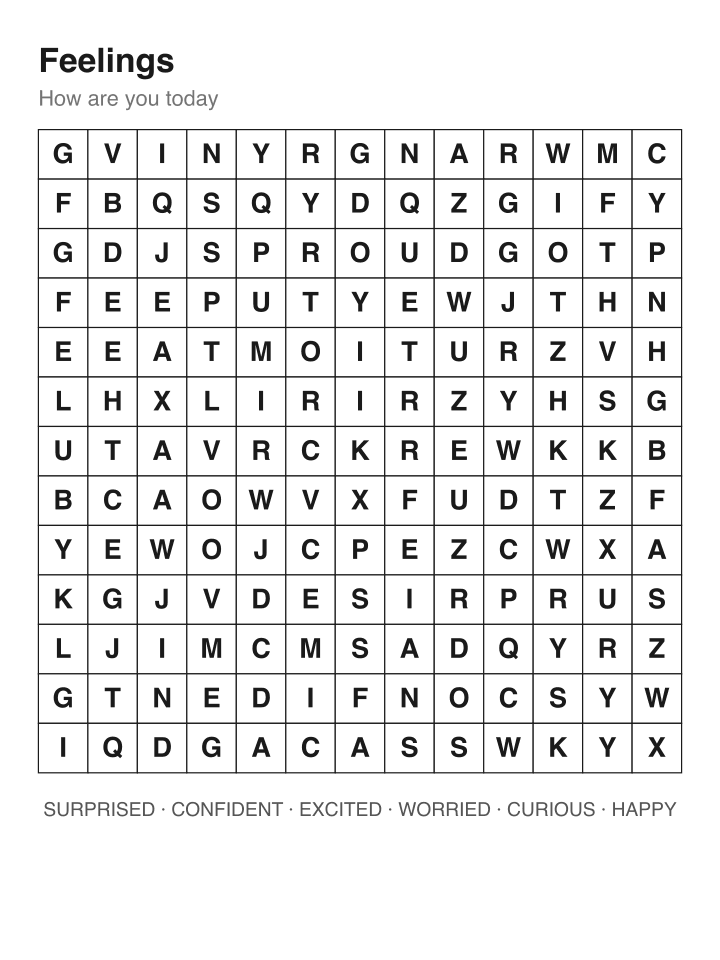 Feelings word search puzzle, 13 by 13 grid