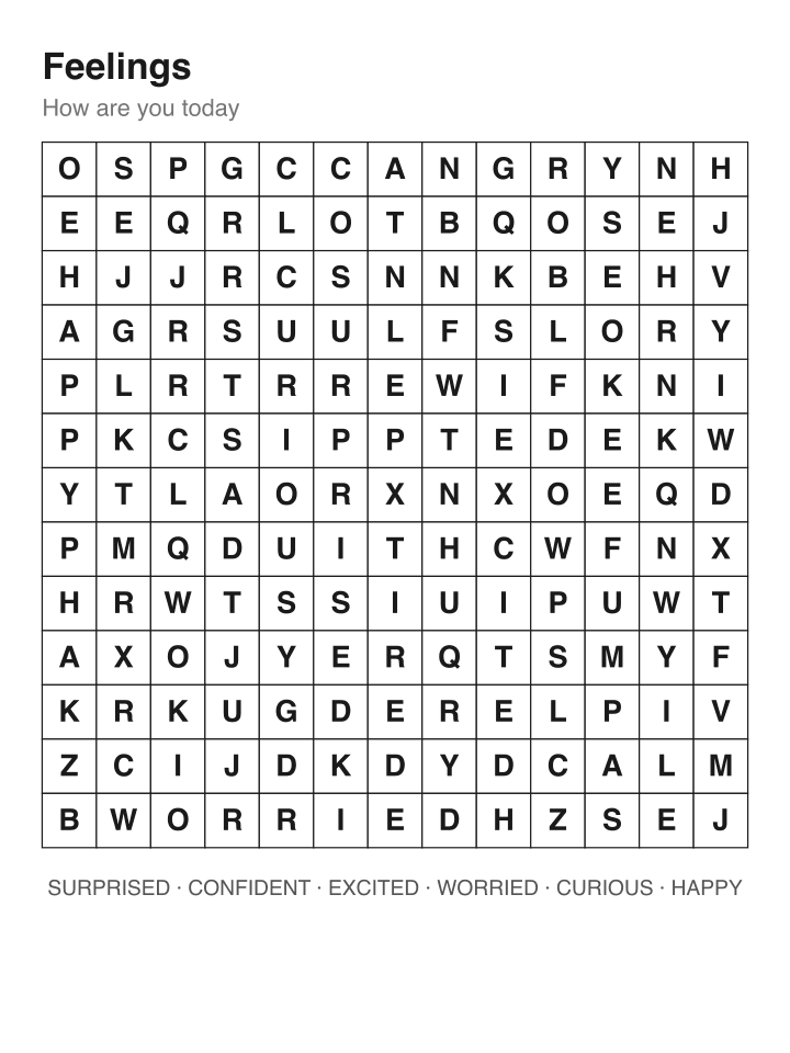 Feelings word search puzzle, 13 by 13 grid