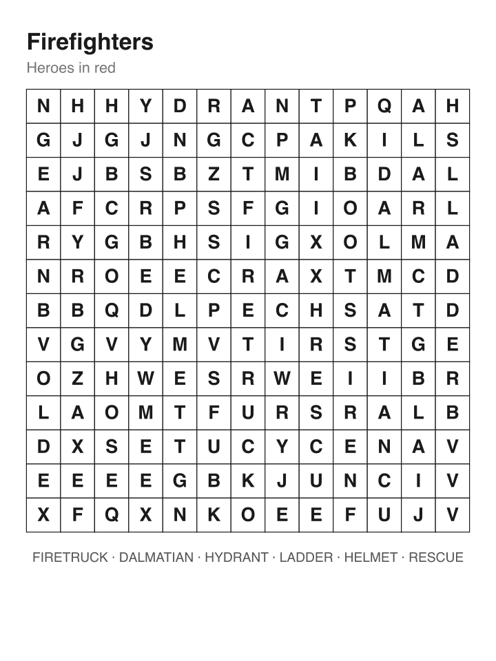 Firefighters word search puzzle, 13 by 13 grid