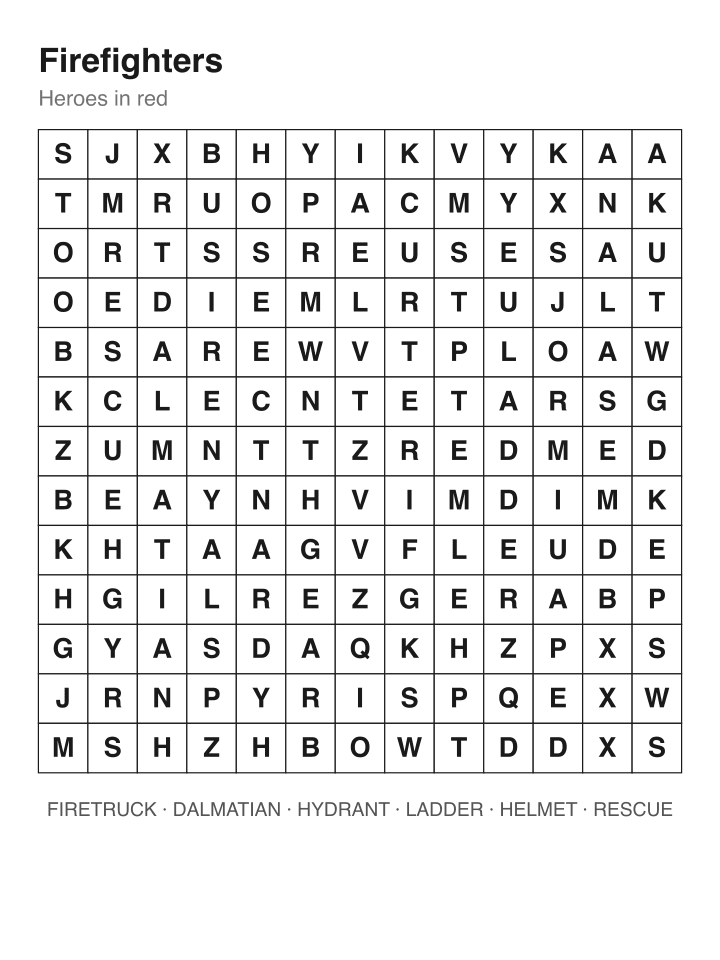 Firefighters word search puzzle, 13 by 13 grid