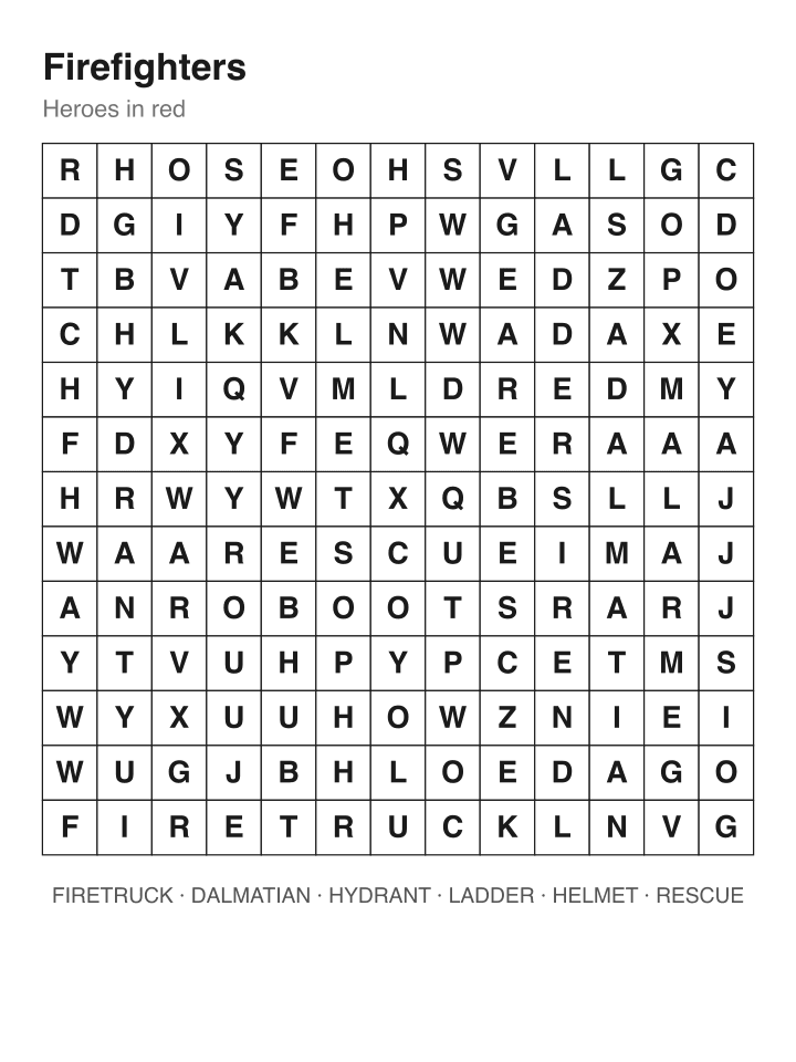 Firefighters word search puzzle, 13 by 13 grid