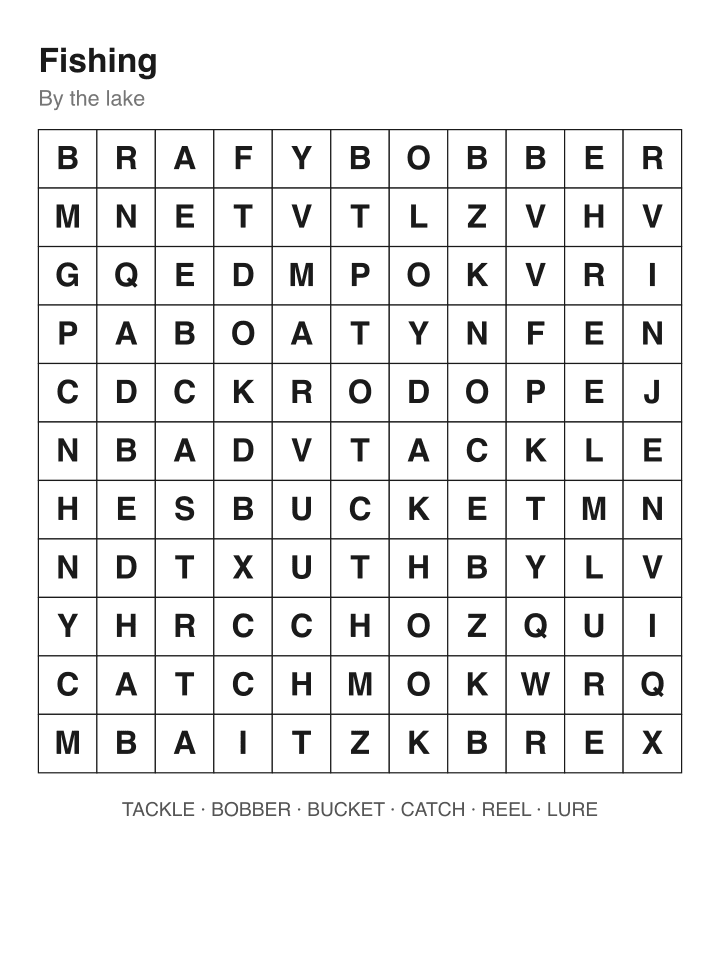Fishing word search puzzle, 11 by 11 grid