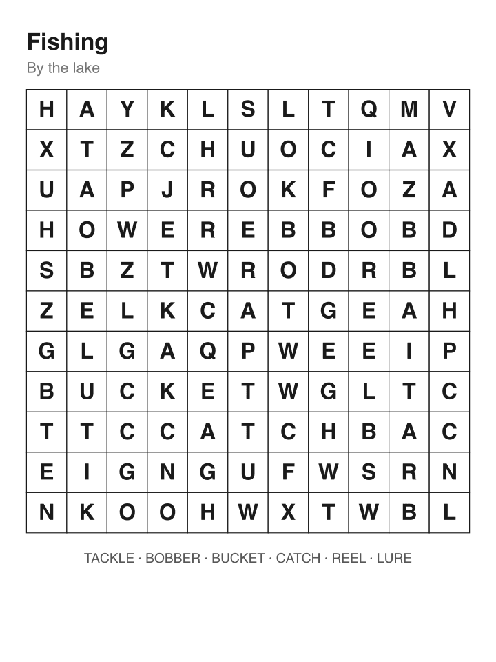 Fishing word search puzzle, 11 by 11 grid