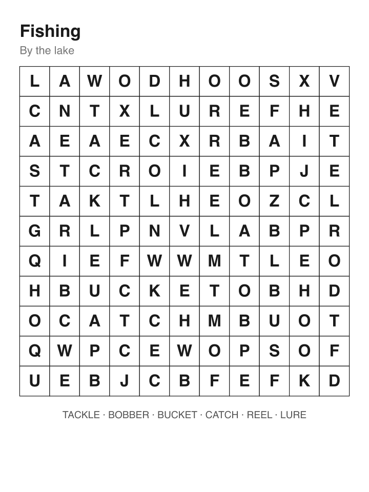 Fishing word search puzzle, 11 by 11 grid