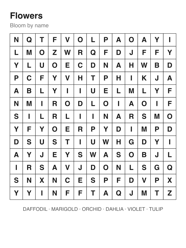 Flowers word search puzzle, 13 by 13 grid