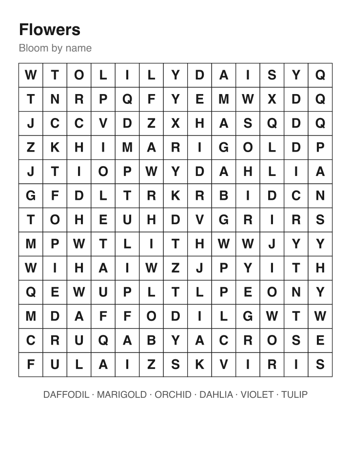 Flowers Word Search · Easy