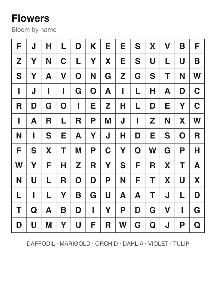 Flowers word search puzzle, 13 by 13 grid