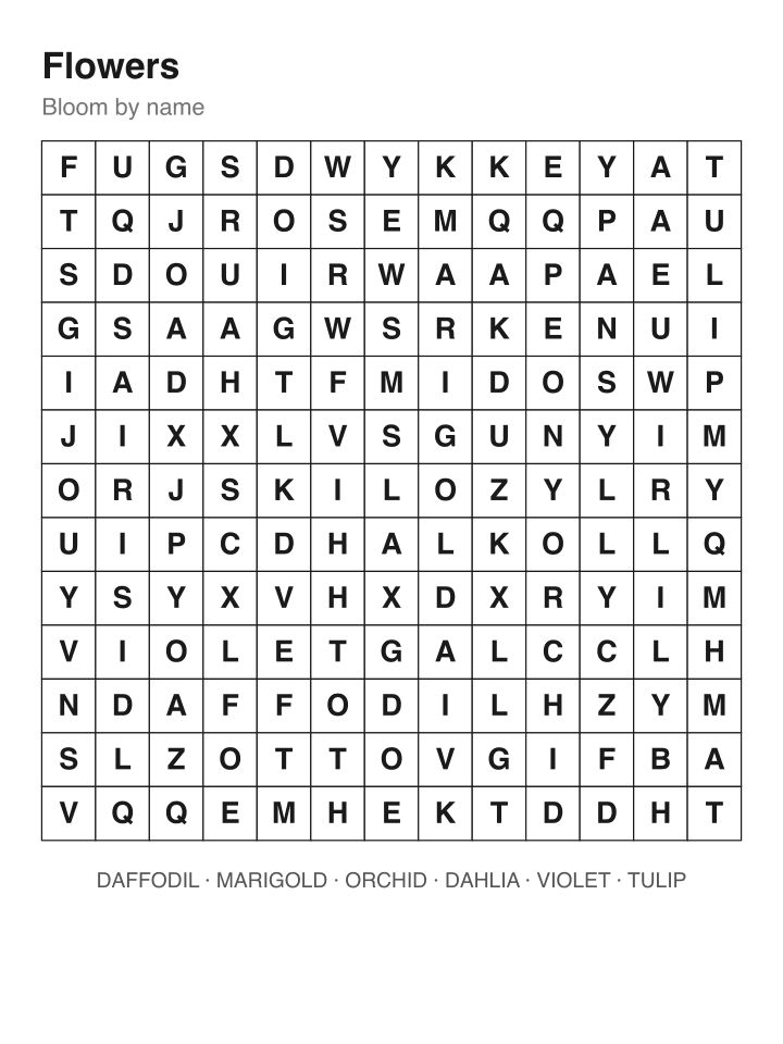 Flowers word search puzzle, 13 by 13 grid