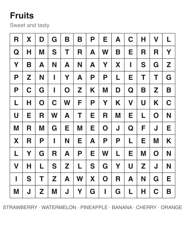 Fruits word search puzzle, 13 by 13 grid
