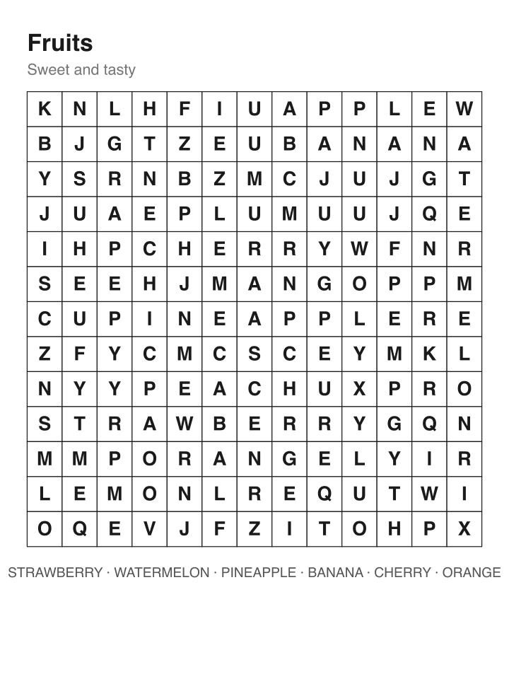 Fruits word search puzzle, 13 by 13 grid