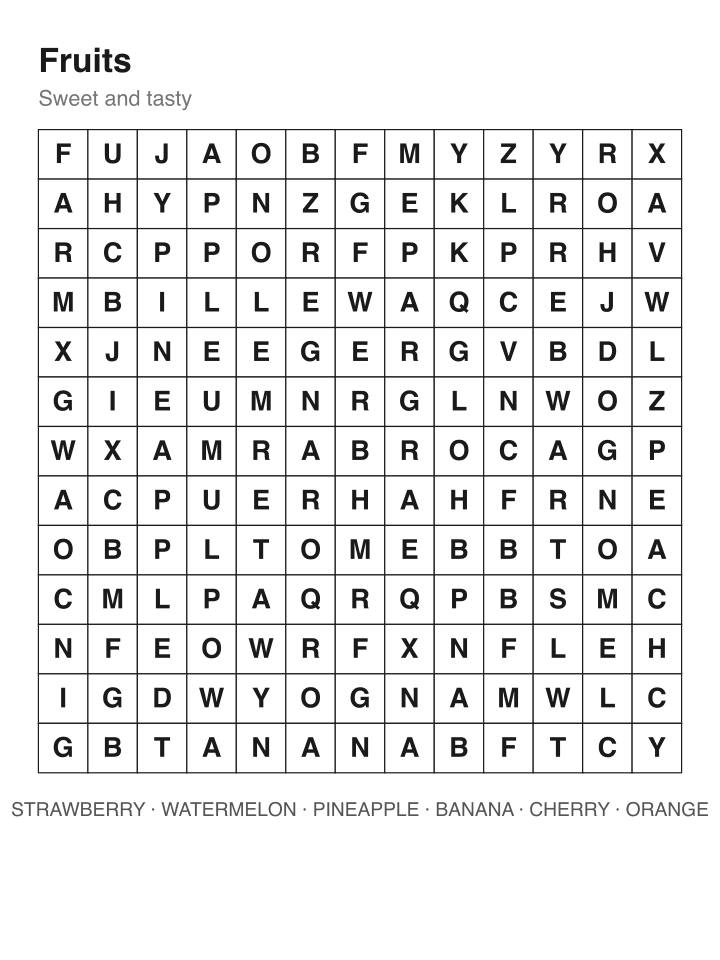 Fruits word search puzzle, 13 by 13 grid