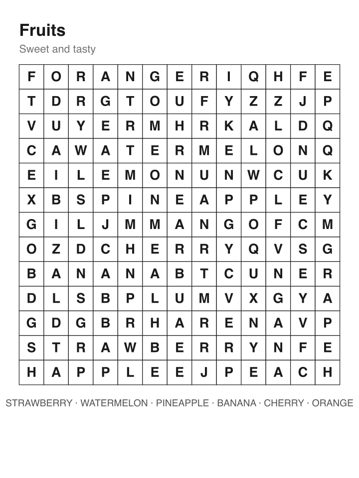 Fruits word search puzzle, 13 by 13 grid