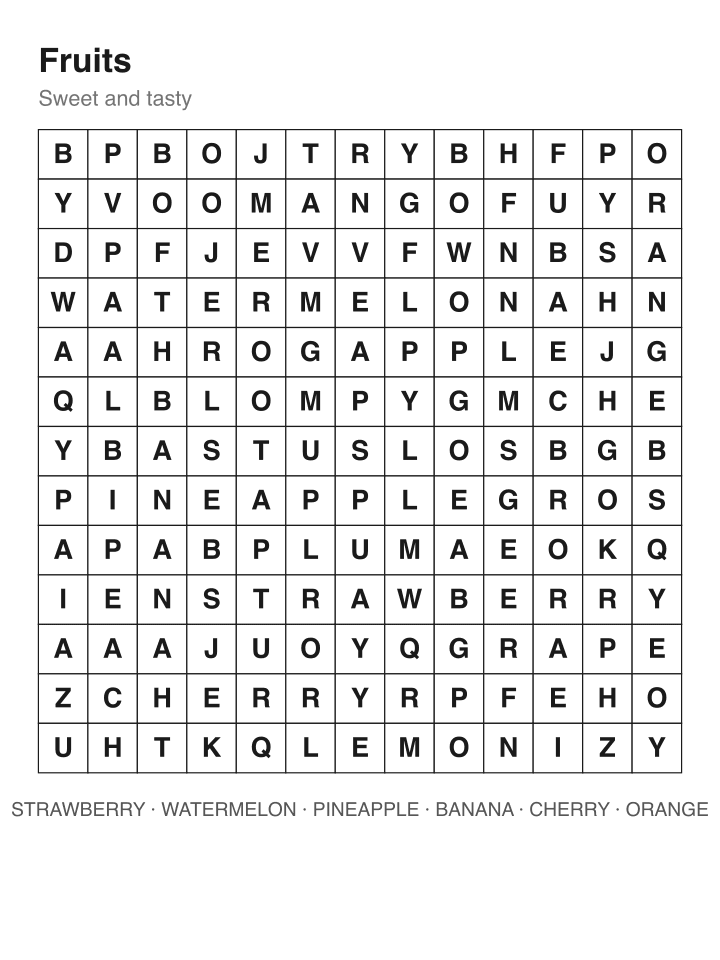Fruits word search puzzle, 13 by 13 grid