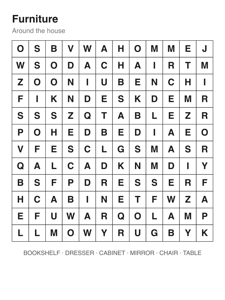 Furniture word search puzzle, 12 by 12 grid