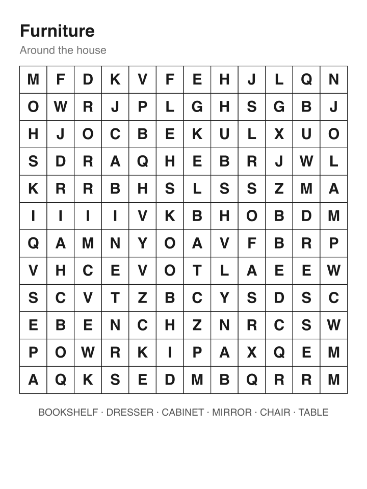 Furniture word search puzzle, 12 by 12 grid
